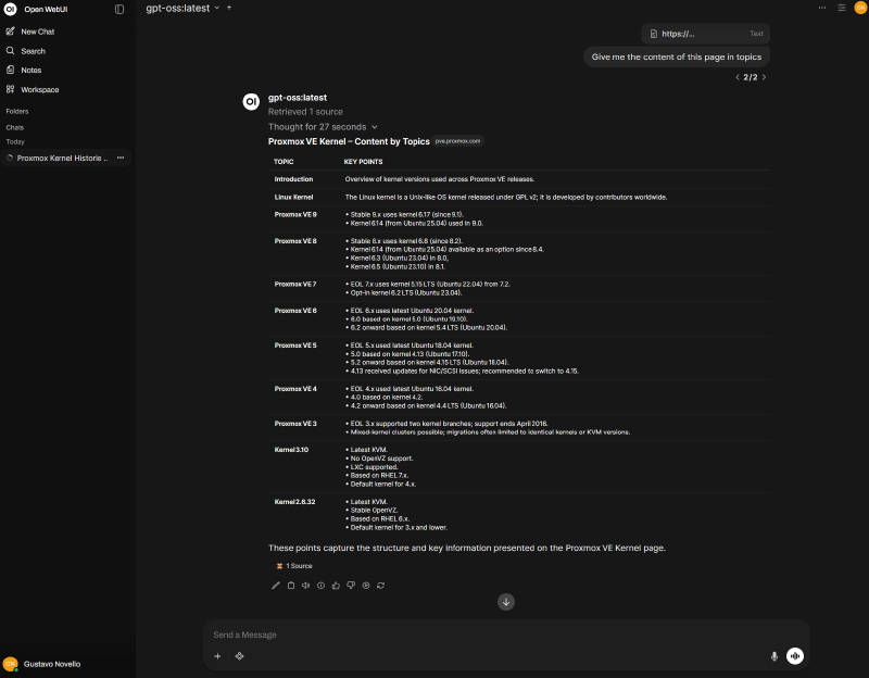 Open WebUI summarizing a web page
