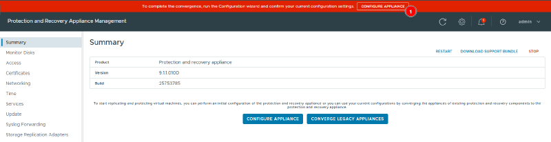 Red banner To complete the convergence, run the Configuration wizard at the top of the Protection and Recovery management interface, with the Configure Appliance button highlighted