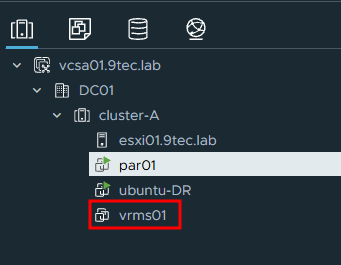 vcsa01.9tec.lab inventory with par01 and ubuntu-DR powered on and vrms01 powered off