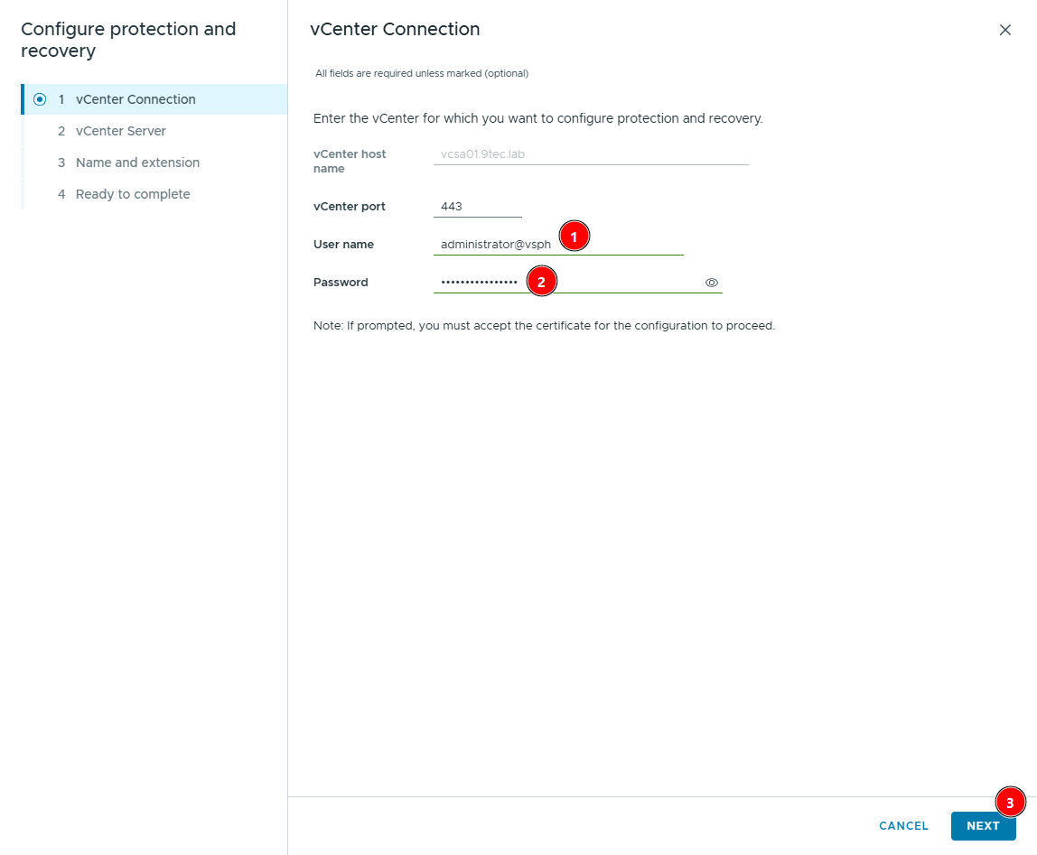 vCenter Connection step of the Configure protection and recovery wizard, with vcsa01.9tec.lab already filled in and the administrator@vsphere.local user