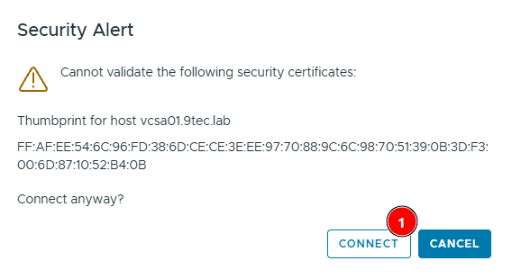 Security Alert with the vcsa01.9tec.lab certificate thumbprint