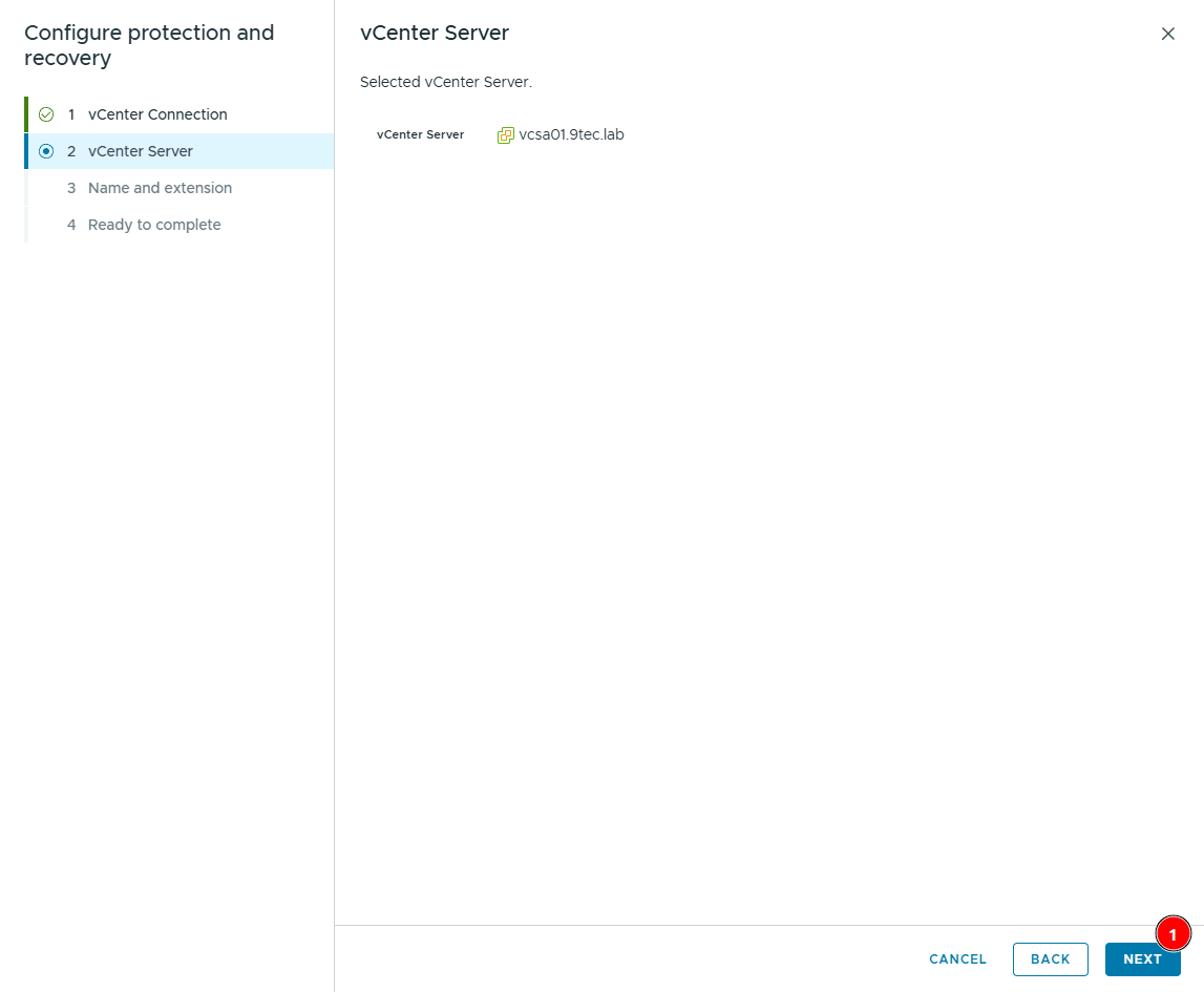 vCenter Server step of the Configure protection and recovery wizard, showing vcsa01.9tec.lab selected