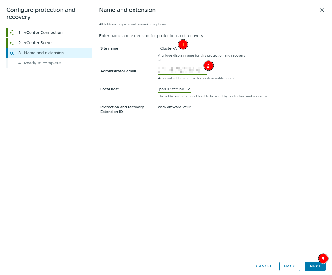 Name and extension step with site name Cluster-A, the administrator e-mail hidden, local host par01.9tec.lab and extension ID com.vmware.vcDr