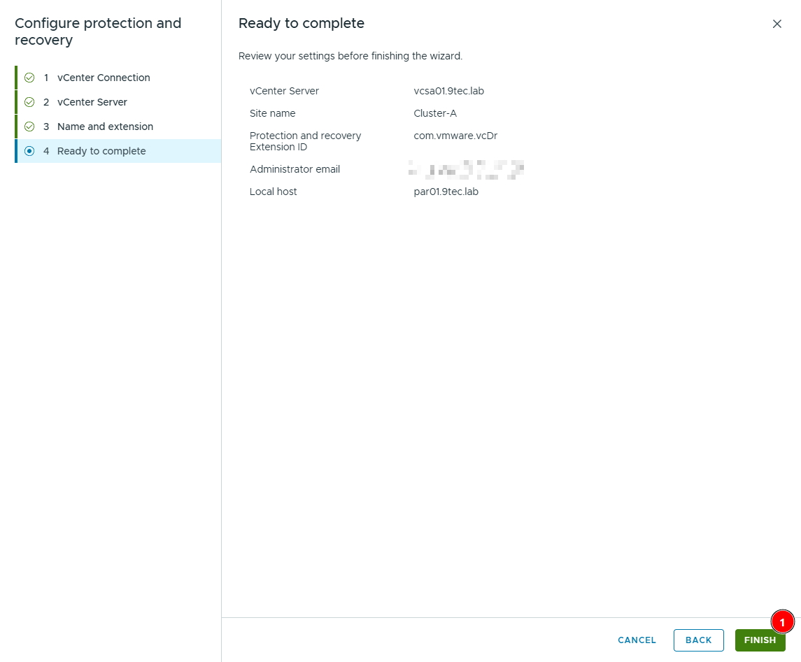 Ready to complete step of Configure protection and recovery: vcsa01.9tec.lab, site name Cluster-A, extension ID com.vmware.vcDr and local host par01.9tec.lab