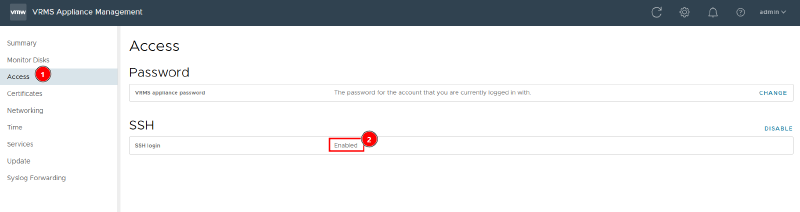 Access screen of the VRMS management interface with SSH login Enabled