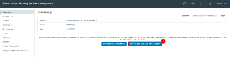 Summary of Protection and Recovery Appliance Management with the Converge Legacy Appliances button highlighted
