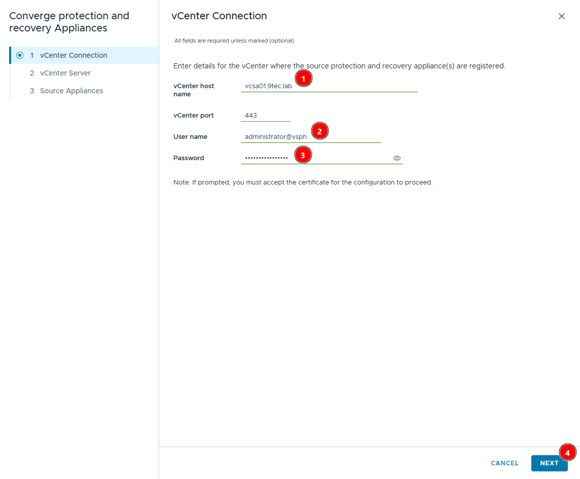 vCenter Connection step of the Converge protection and recovery Appliances wizard, with vcsa01.9tec.lab, port 443 and the administrator@vsphere.local user