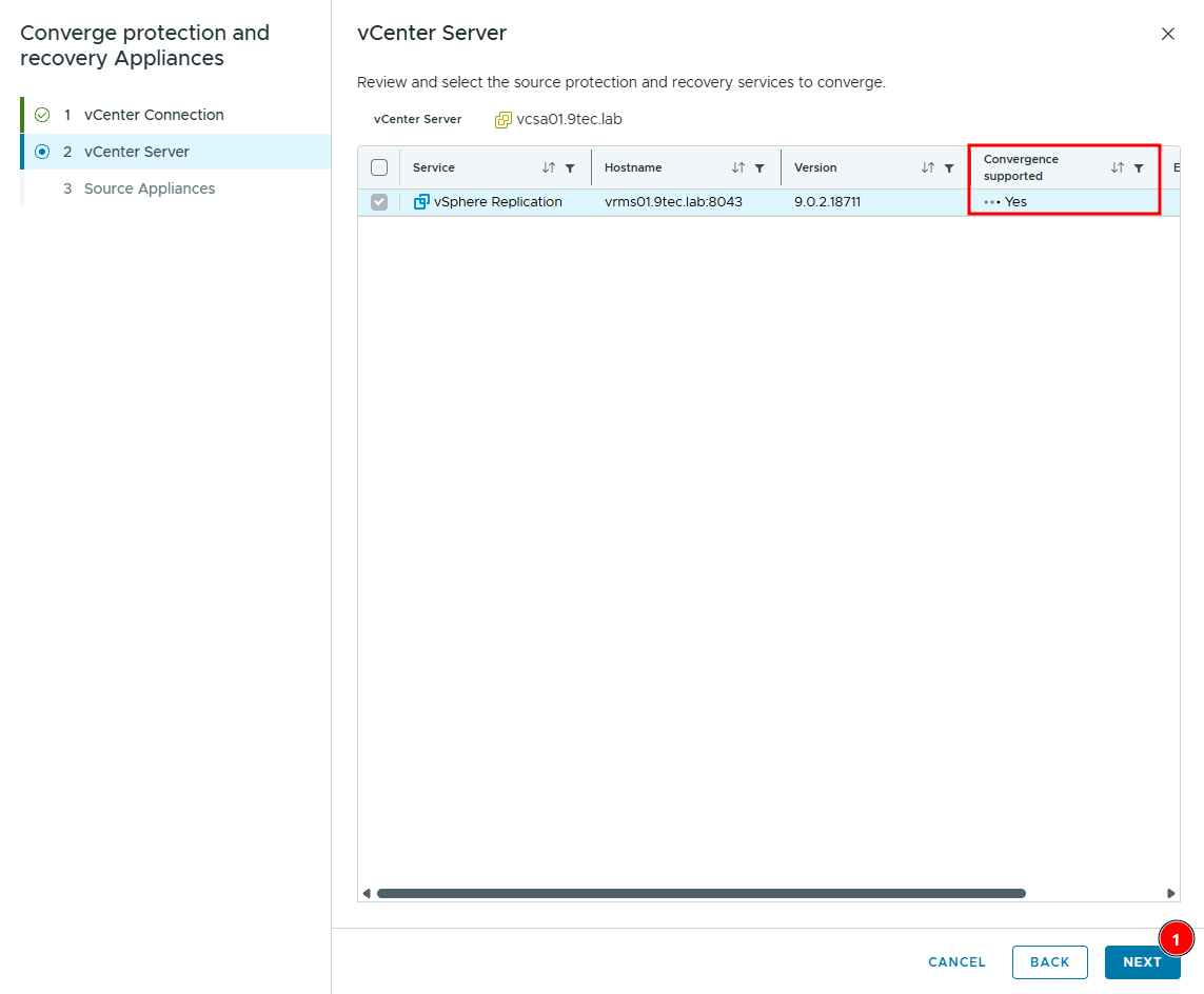 vCenter Server step of the convergence wizard, with the vSphere Replication service at vrms01.9tec.lab:8043, version 9.0.2.18711 and Convergence supported Yes
