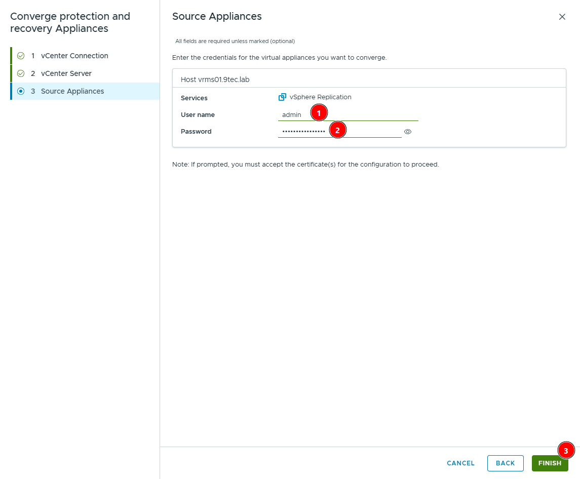 Source Appliances step of the convergence wizard, with host vrms01.9tec.lab, the vSphere Replication service and the admin user credentials
