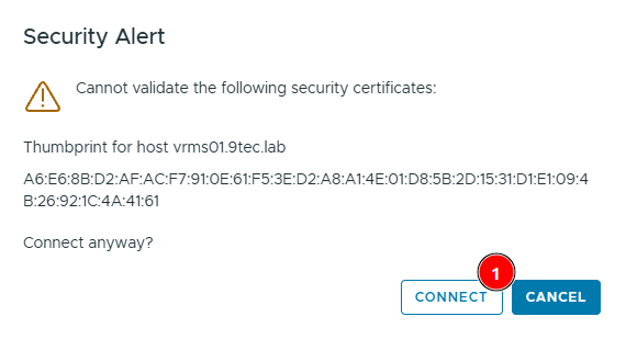 Security Alert with the vrms01.9tec.lab certificate thumbprint and the Connect button highlighted