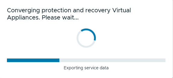 Converging protection and recovery Virtual Appliances. Please wait&mldr; window with the progress bar at Exporting service data