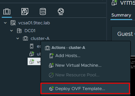 Actions menu for cluster-A in the vSphere Client with the Deploy OVF Template option highlighted