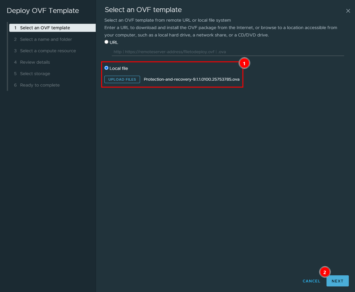 Select an OVF template screen with Local file chosen and Protection-and-recovery-9.1.1.0100.25753785.ova selected