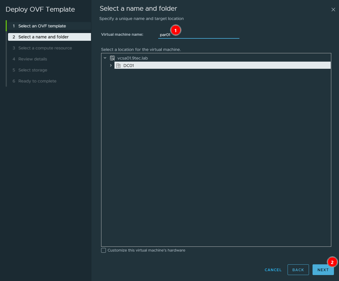 Select a name and folder screen with the name par01 and datacenter DC01 on vcsa01.9tec.lab selected