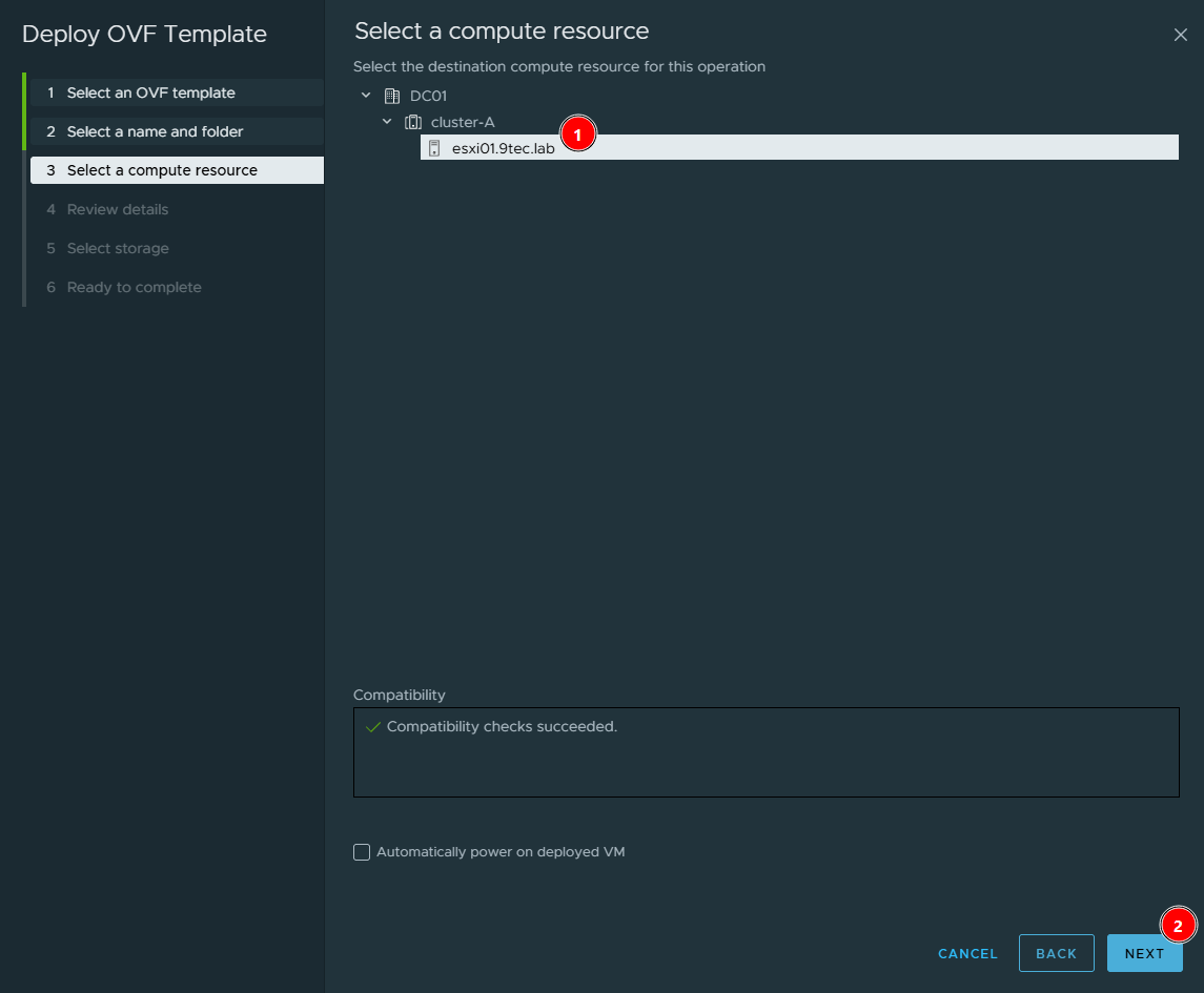 Select a compute resource screen with host esxi01.9tec.lab in cluster-A selected and the Compatibility checks succeeded message