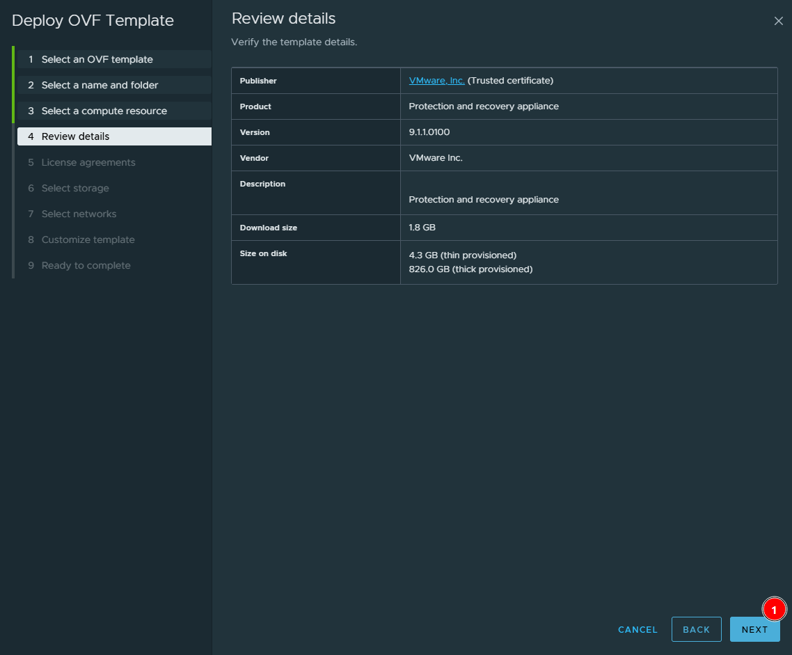 Review details screen for the Protection and recovery appliance 9.1.1.0100, with a 1.8 GB download and 4.3 GB thin or 826 GB thick size on disk