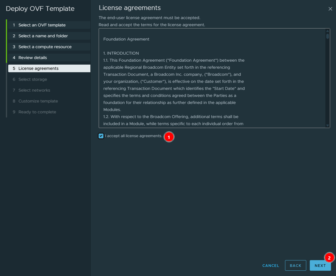 License agreements screen with the Broadcom Foundation Agreement and I accept all license agreements checked