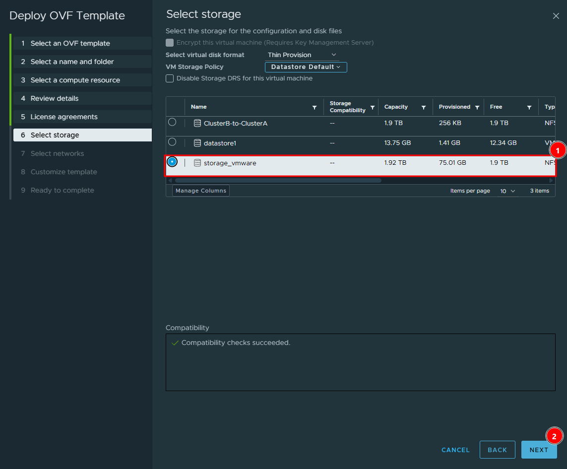 Select storage screen with Thin Provision format and the storage_vmware datastore selected