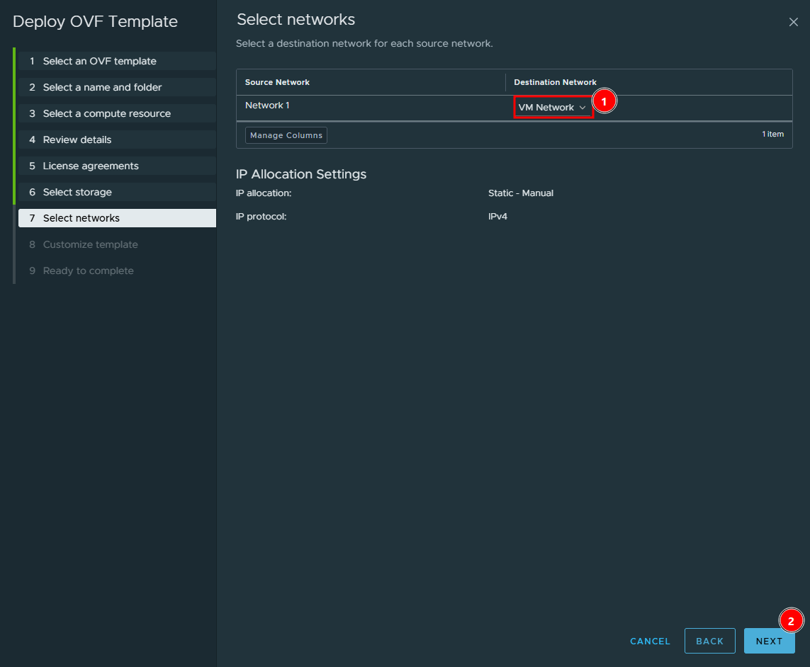 Select networks screen with Network 1 mapped to VM Network and IP allocation Static - Manual, IPv4