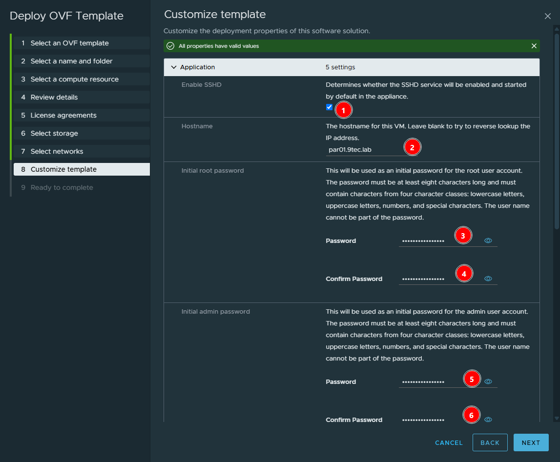 Application block of Customize template: Enable SSHD checked, hostname par01.9tec.lab and the initial root and admin passwords