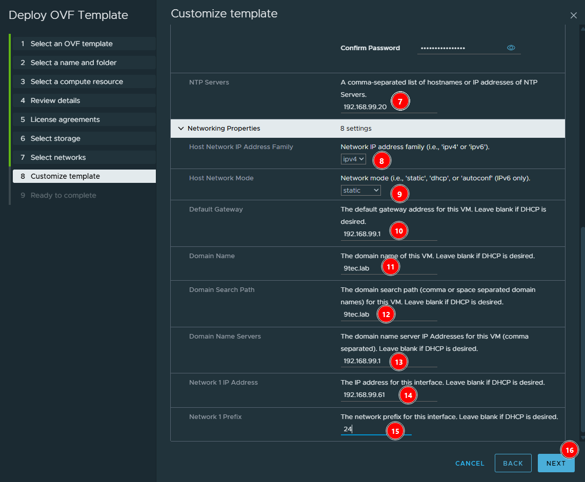 End of Customize template: NTP 192.168.99.20 and Networking Properties with static IPv4, gateway 192.168.99.1, domain 9tec.lab, DNS 192.168.99.1 and IP 192.168.99.61/24