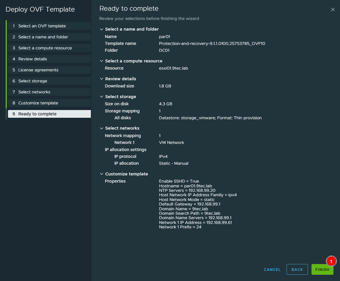 Ready to complete screen with the par01 deployment summary: esxi01.9tec.lab, storage_vmware datastore in Thin provision, VM Network and the Customize template properties