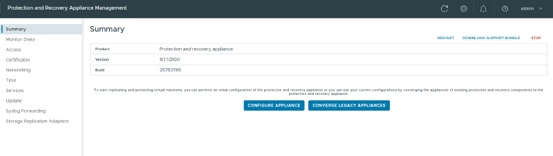 Summary of the Protection and Recovery 9.1.1.0100 management interface, build 25753785, with the Configure Appliance and Converge Legacy Appliances buttons