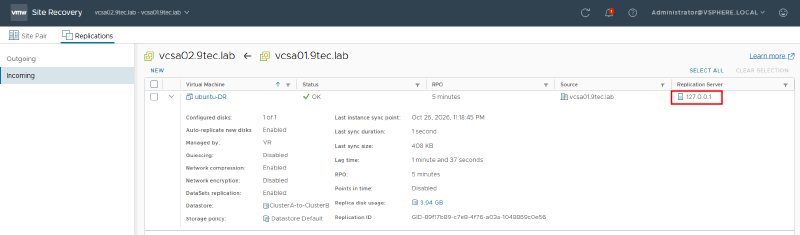 Incoming ubuntu-DR replication in Site Recovery on vcsa02, in legacy mode: Replication Server 127.0.0.1 and network encryption disabled