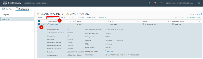 Legacy ubuntu-DR replication selected on the Incoming tab of Site Recovery, with the Reconfigure button highlighted