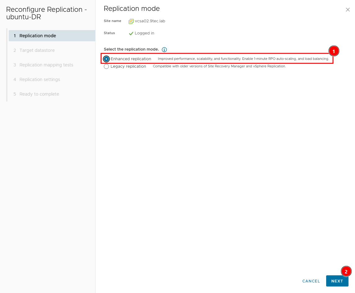 Reconfigure Replication wizard for ubuntu-DR on the Replication mode step, with Enhanced replication selected