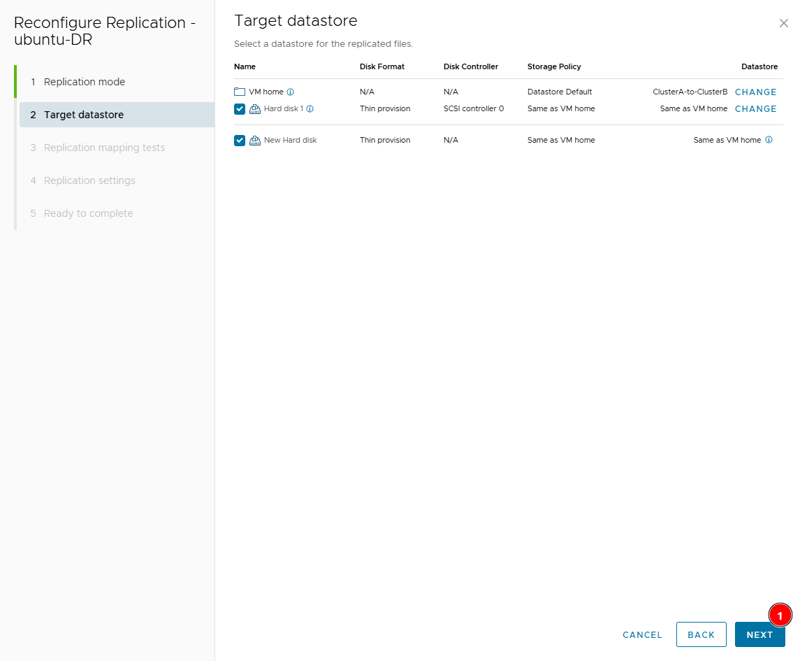 Target datastore step of Reconfigure Replication, with ubuntu-DR&rsquo;s VM home and Hard disk 1 on the ClusterA-to-ClusterB datastore in Thin provision