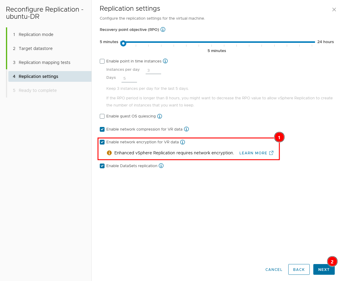 Replication settings step with 5-minute RPO, network compression, network encryption and DataSets replication enabled, and the Enhanced vSphere Replication requires network encryption notice