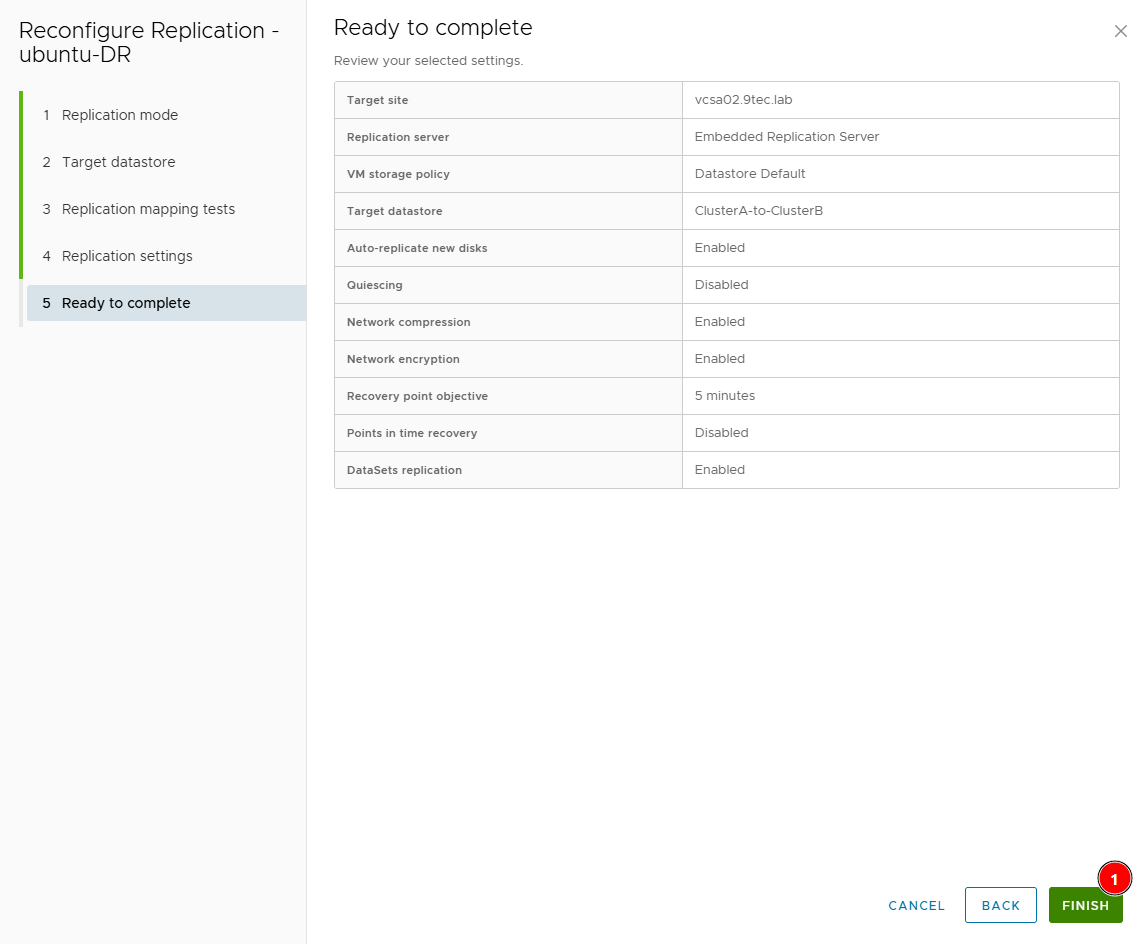 Ready to complete step of Reconfigure Replication: target site vcsa02.9tec.lab, datastore ClusterA-to-ClusterB, network compression and encryption enabled and 5-minute RPO