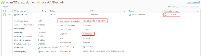 Incoming ubuntu-DR replication on vcsa02 after the conversion: status OK, network encryption enabled and Replication Server 192.168.99.32, the target ESXi IP