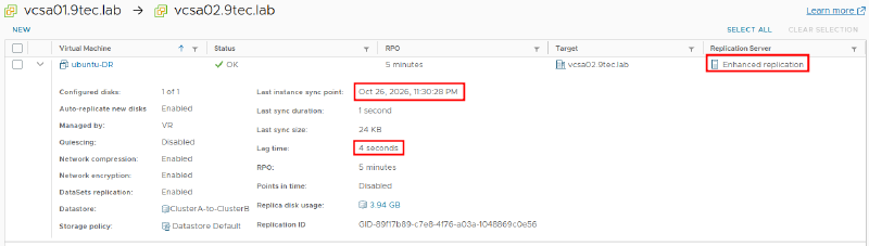 Outgoing ubuntu-DR replication on vcsa01: status OK and Replication Server Enhanced replication