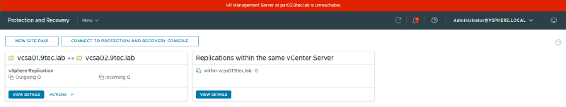 Protection and Recovery on vcsa01 with the VR Management Server at par02.9tec.lab is unreachable banner and the site pair showing Outgoing 0