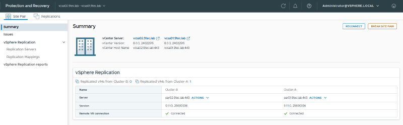 Site pair Summary seen from vcsa02: Cluster-B with par02.9tec.lab:443 and Cluster-A with par01.9tec.lab:443, both on 9.1.1.0 and Connected