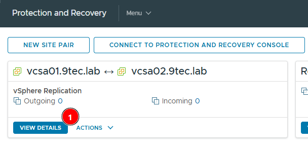 vcsa01.9tec.lab and vcsa02.9tec.lab site pair with the View details button highlighted