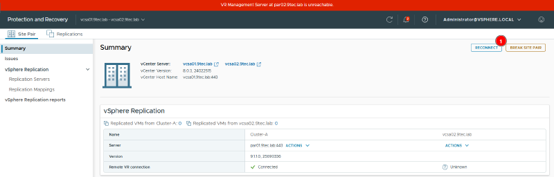Site pair Summary on vcsa01 with the par02 unreachable banner, the vcsa02.9tec.lab side with no server and Remote VR connection Unknown, and the Reconnect button highlighted