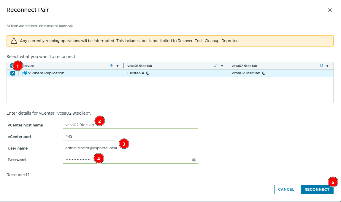 Reconnect Pair window with the vSphere Replication service selected and the vcsa02.9tec.lab credentials
