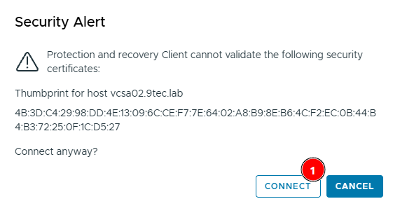 Security Alert with the vcsa02.9tec.lab certificate thumbprint