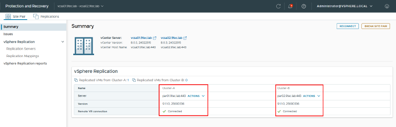 Site pair Summary on vcsa01 after the reconnect: Cluster-A with par01.9tec.lab:443 and Cluster-B with par02.9tec.lab:443, both Connected