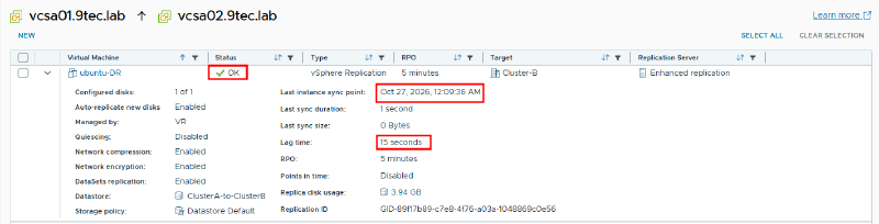 Outgoing ubuntu-DR replication on vcsa01 after the reconnect: status OK, target Cluster-B, Enhanced replication, 15 seconds of lag