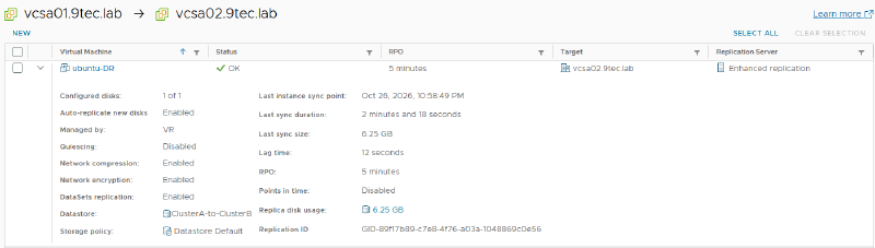 ubuntu-DR replication on the legacy VRMS, from vcsa01 to vcsa02: status OK, 5-minute RPO, Replication Server Enhanced replication, network compression and encryption enabled, datastore ClusterA-to-ClusterB