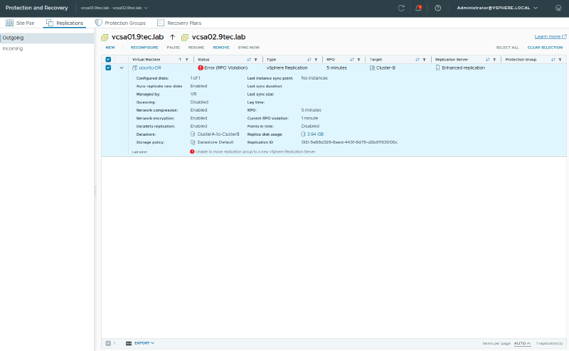 Outgoing ubuntu-DR replication in Error (RPO Violation), with no synced instances and the Last error Unable to move replication group to a new vSphere Replication Server