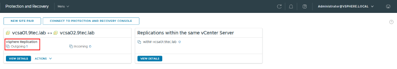 Protection and Recovery screen on vcsa01 with the vcsa01.9tec.lab and vcsa02.9tec.lab site pair and one outgoing vSphere Replication