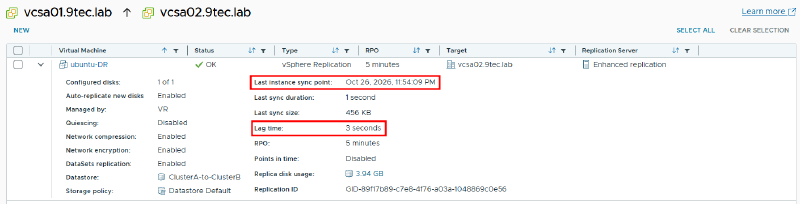Outgoing ubuntu-DR replication on vcsa01 after converging Site A: status OK, Enhanced replication, last instance sync point Oct 26, 2026, 11:54:09 PM and 3 seconds of lag
